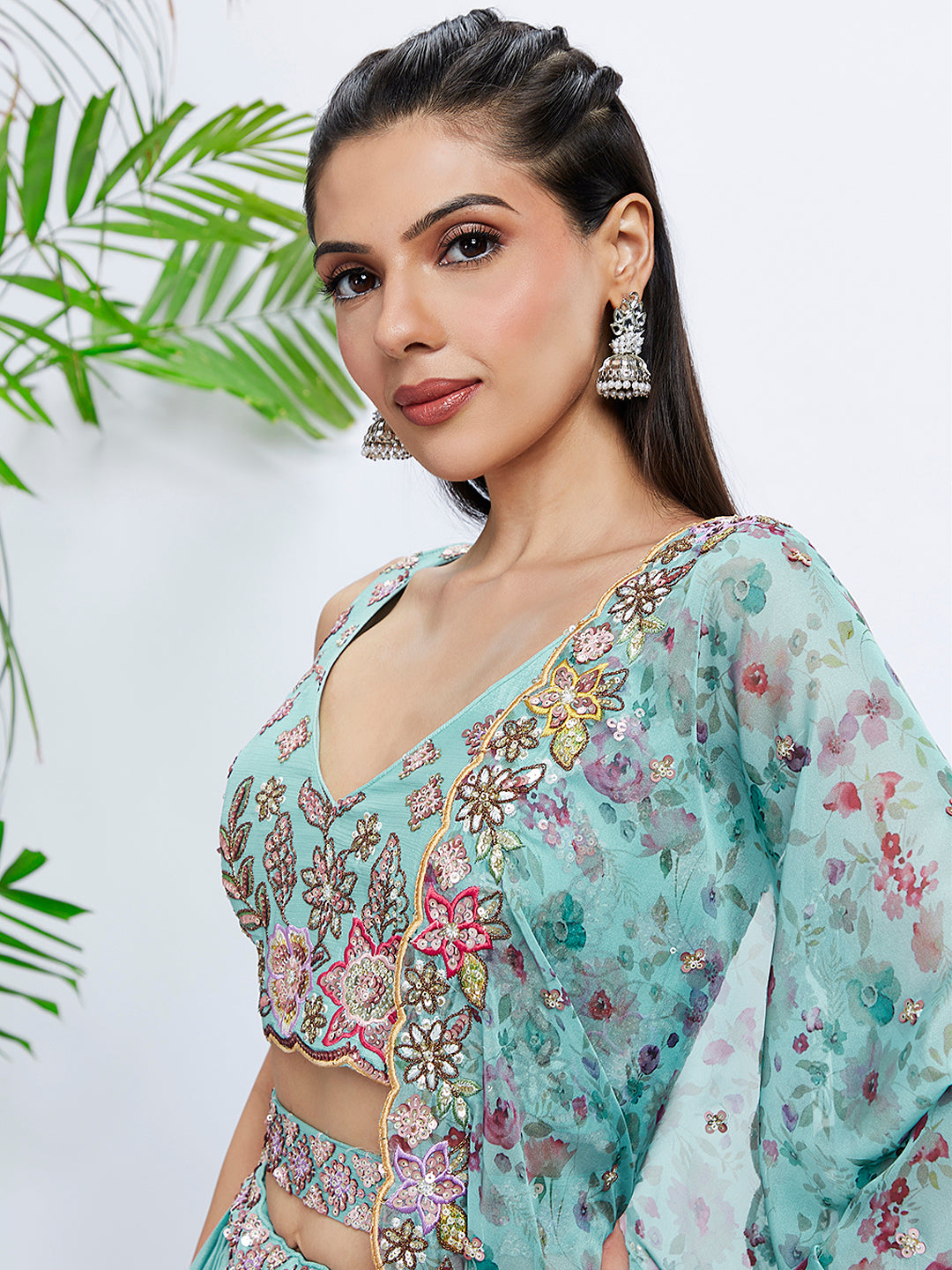 Women Turquoise blue Chiffon Sequins and thread embroidery Lehenga choli & Printed Dupatta