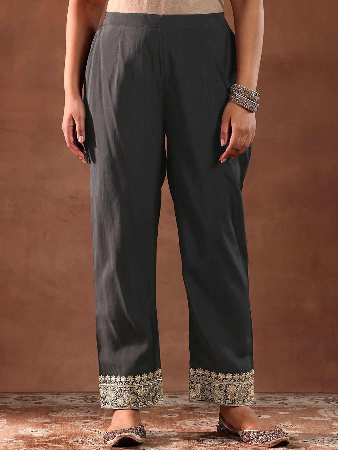 Black and Grey Floral Embroidered Thread Work Kurta with Trouser & Dupatta