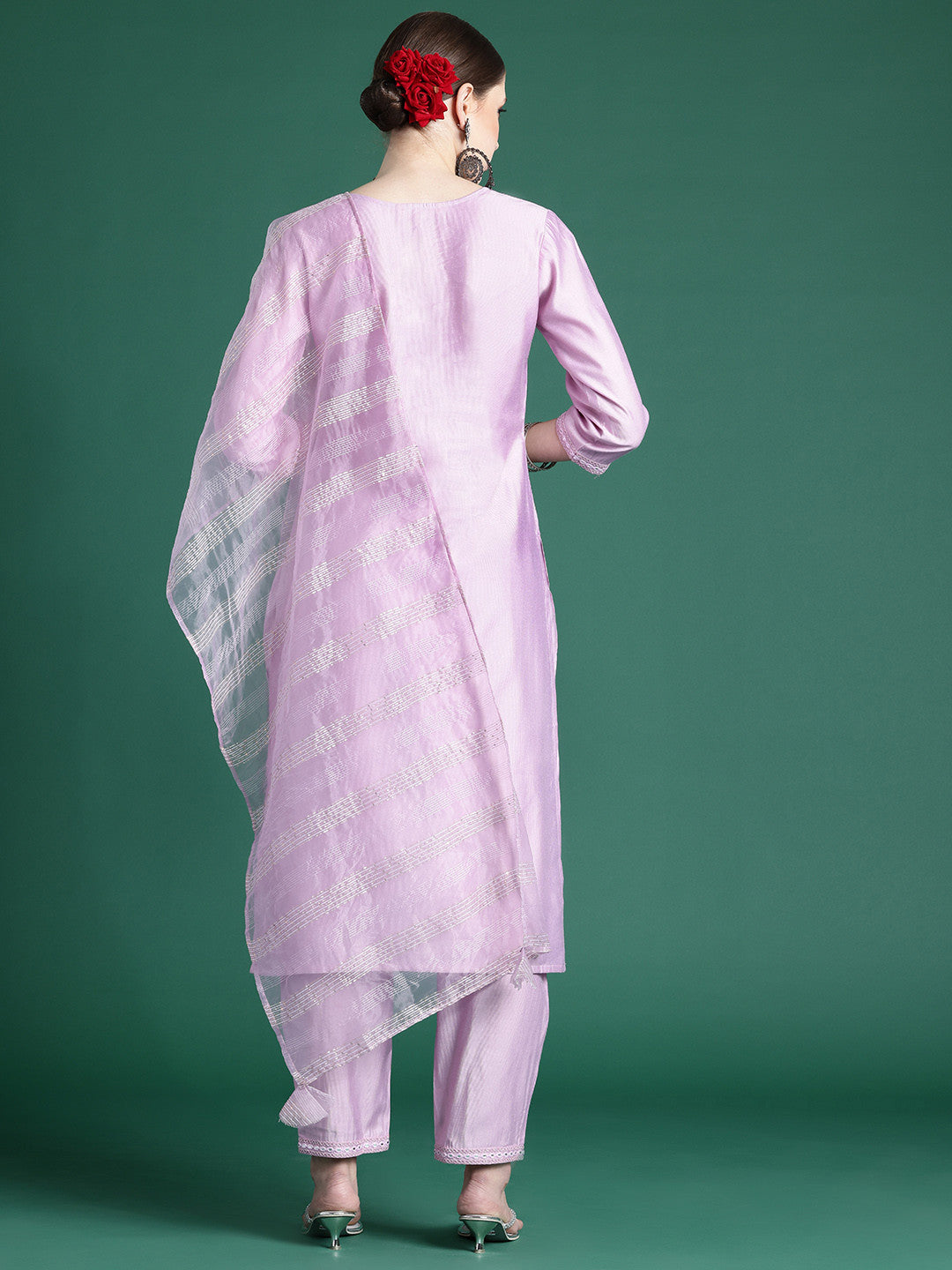 Yoke Design Mirror Work Liva Kurta With Trousers & Dupatta
