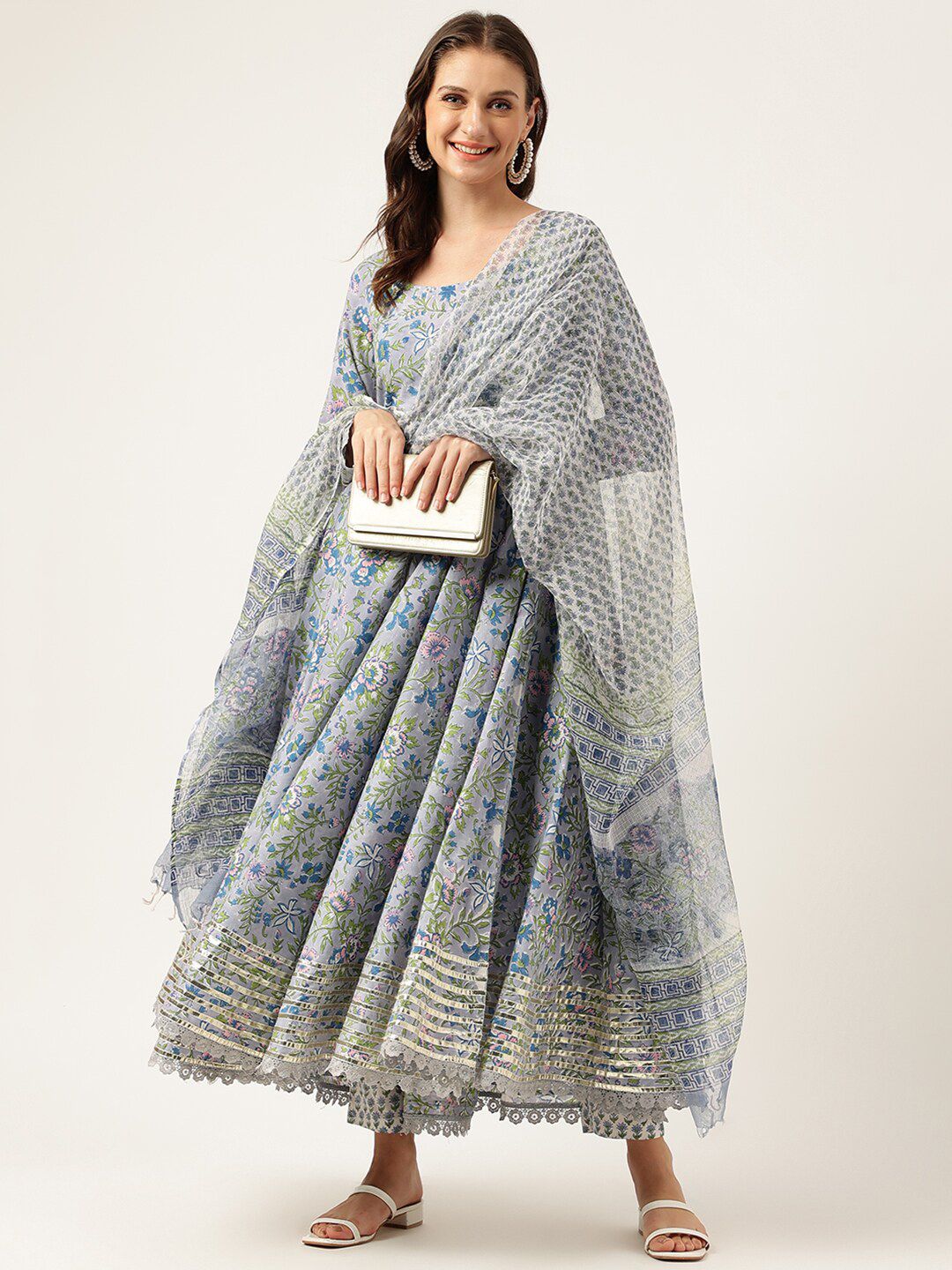 Dhiyona KL Floral Printed Pure Cotton Anarkali Kurta & Trousers With Dupatta