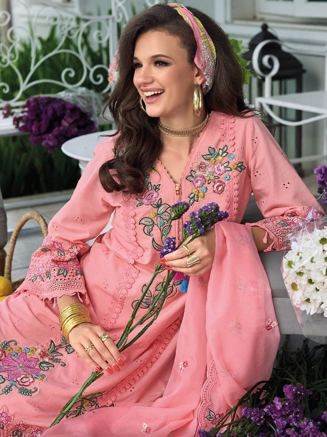 Women Floral Embroidered Regular Sequinned Pure Cotton Kurta with Trousers & With Dupatta