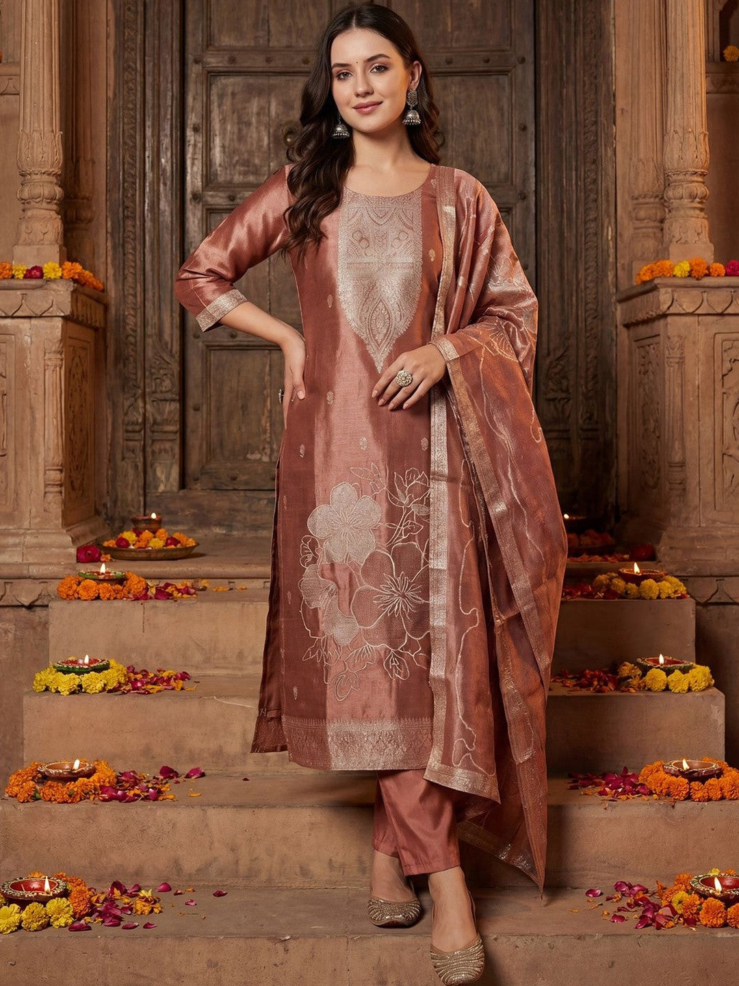 Women Ethnic Motifs Regular Kurta with Trousers & With Dupatta