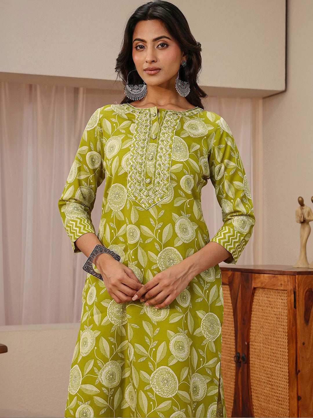 Libas Green Floral Printed Straight Suit Set