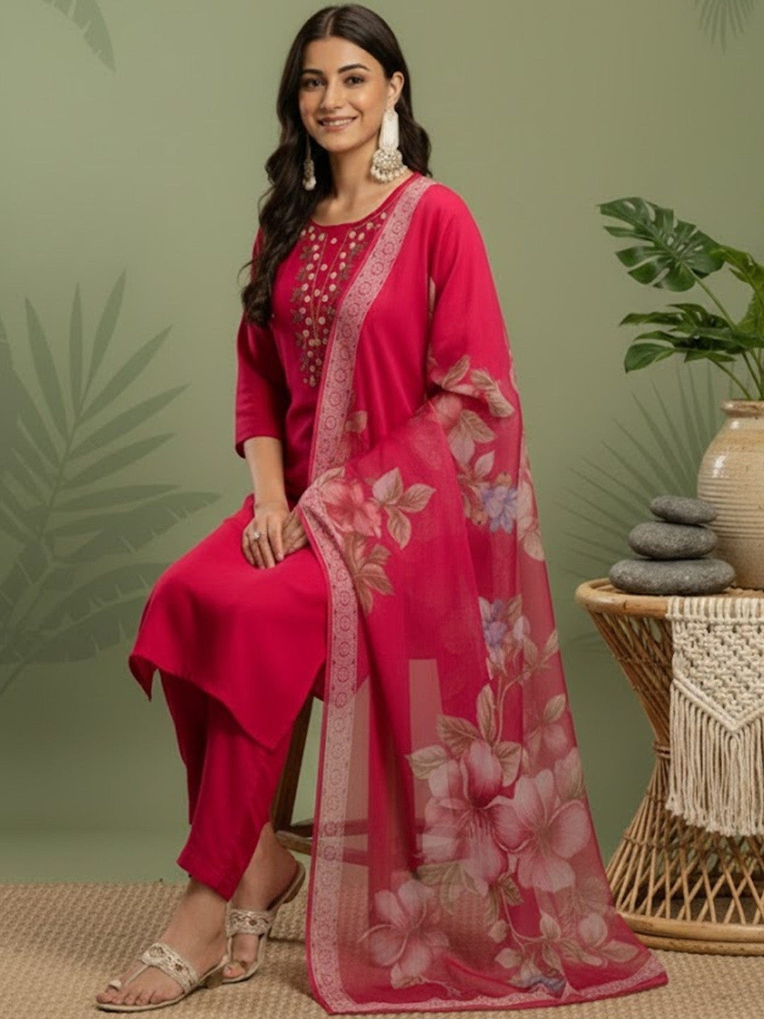 Embroidered Round Neck Kurta & Trousers With Dupatta
