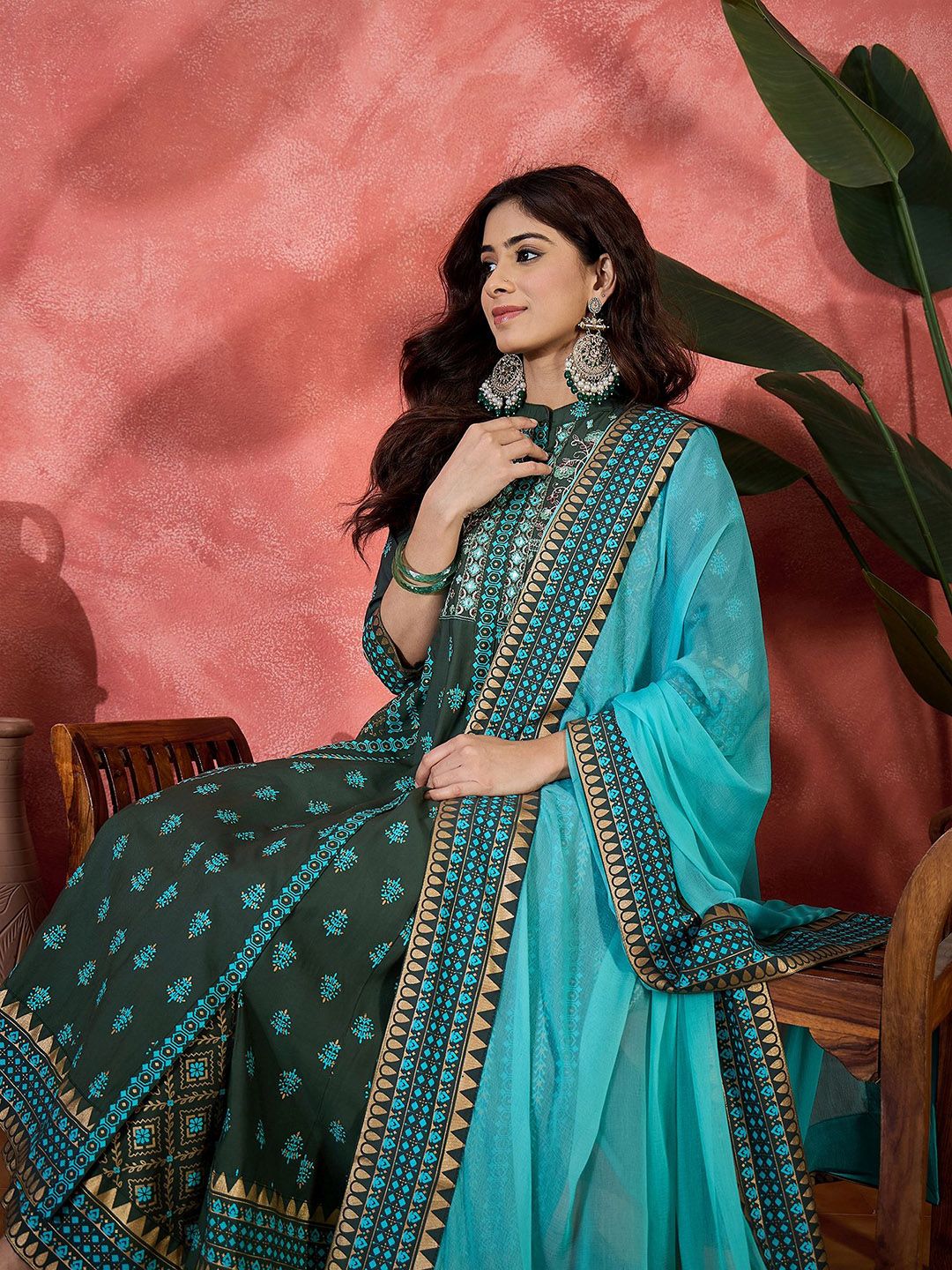 Dhiyona SN Embroidered & Block Printed Anarkali Kurta & Palazzo With Dupatta