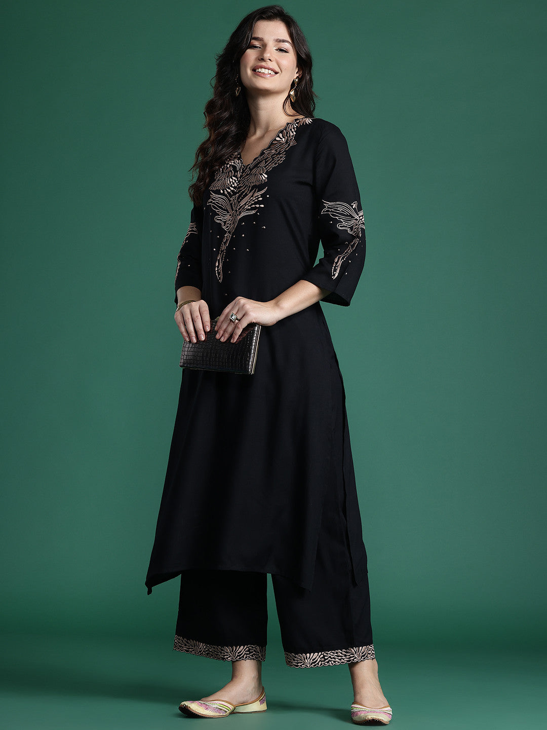 Solid Kurta with Trousers with Embroidered Detail