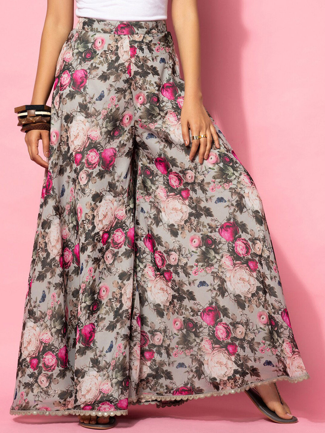 Floral Printed Pleated Gotta Patti Kurta with Palazzos