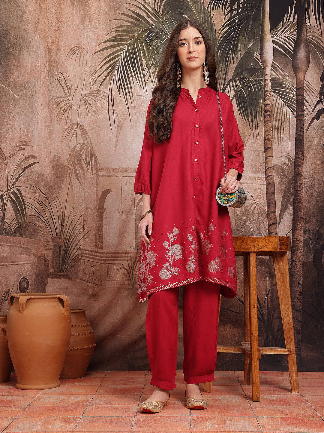 Floral Foil Print Mandarin Collar Regular A-Line Kurta with Salwar