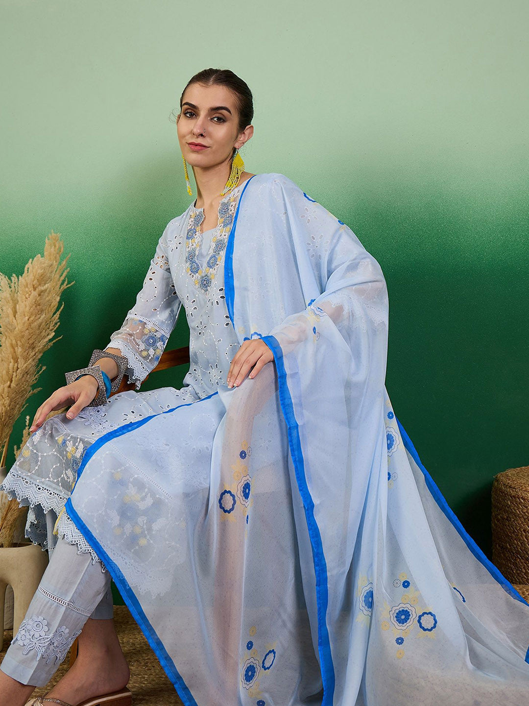 Embroidered Straight Kurta With Trouser Set