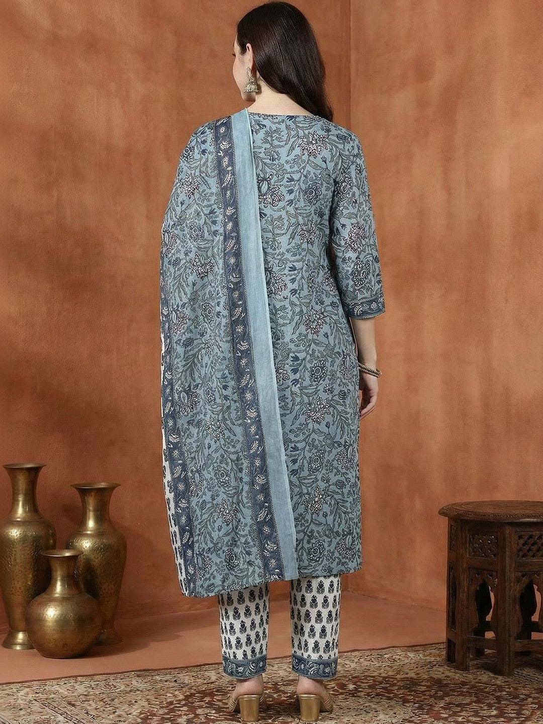 Women Ethnic Motifs Printed Regular Thread Work Pure Cotton Kurta with Trousers & With Dupatta