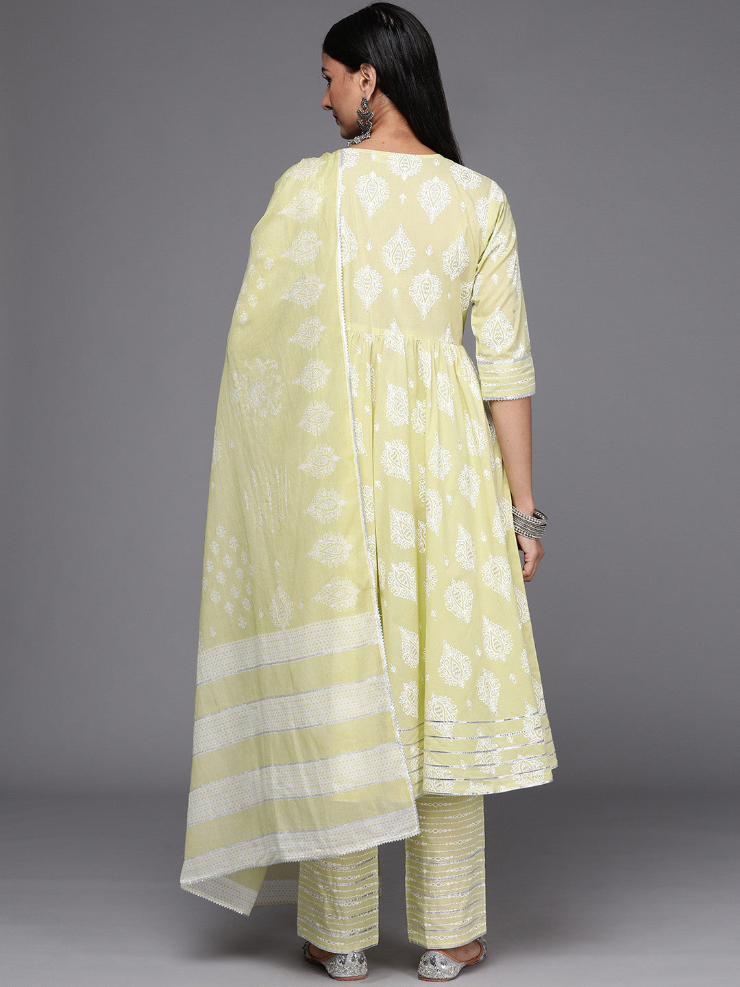 Womens Green Printed Cotton Anarkali Kurta With Trousers