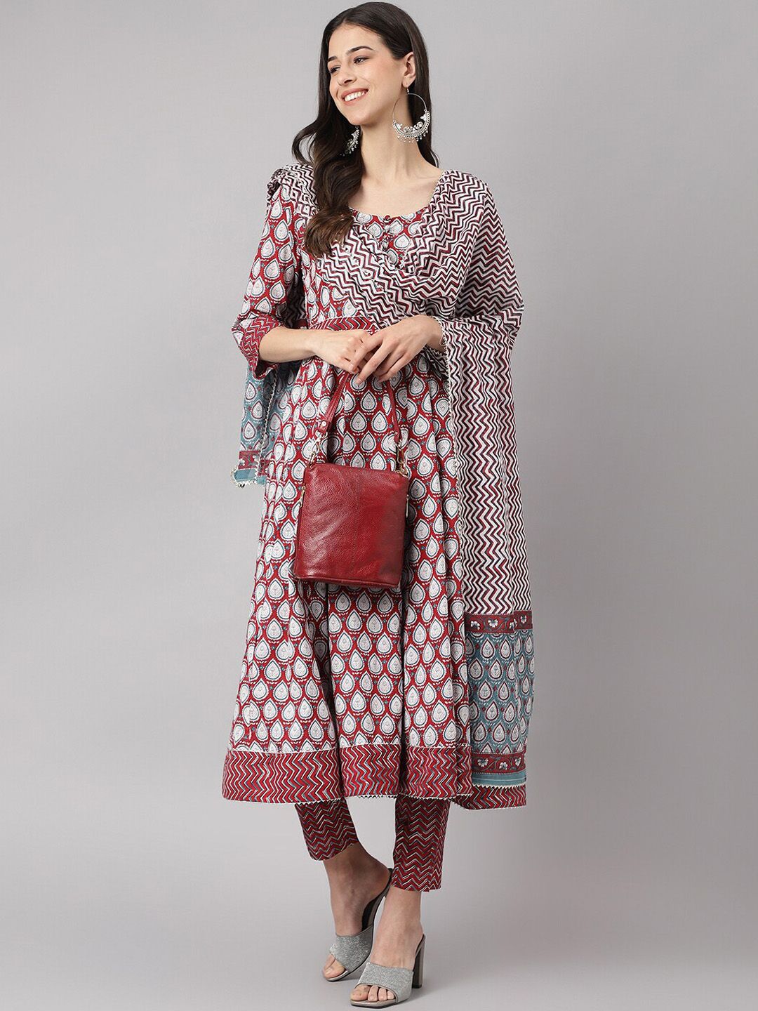Dhiyona KL Ethnic Motifs Printed Pure Cotton Anarkali Kurta & Trousers With Dupatta