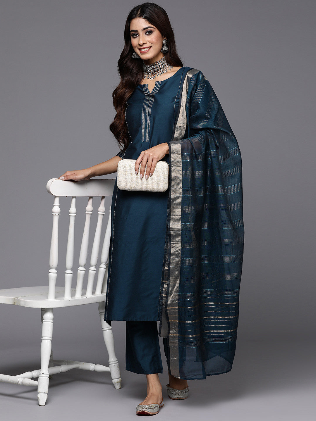 Women Yoke Design Panelled Kurta with Trousers Dupatta