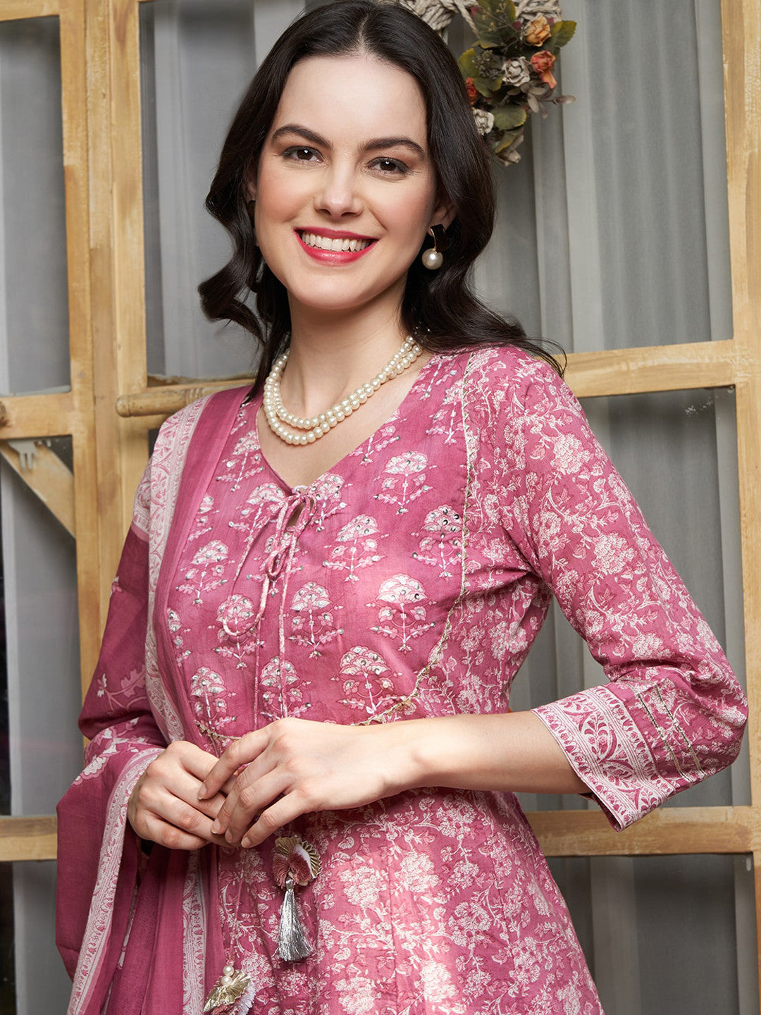 Floral Printed Sequinned Pure Cotton A-Line Kurta & Trouser With Dupatta