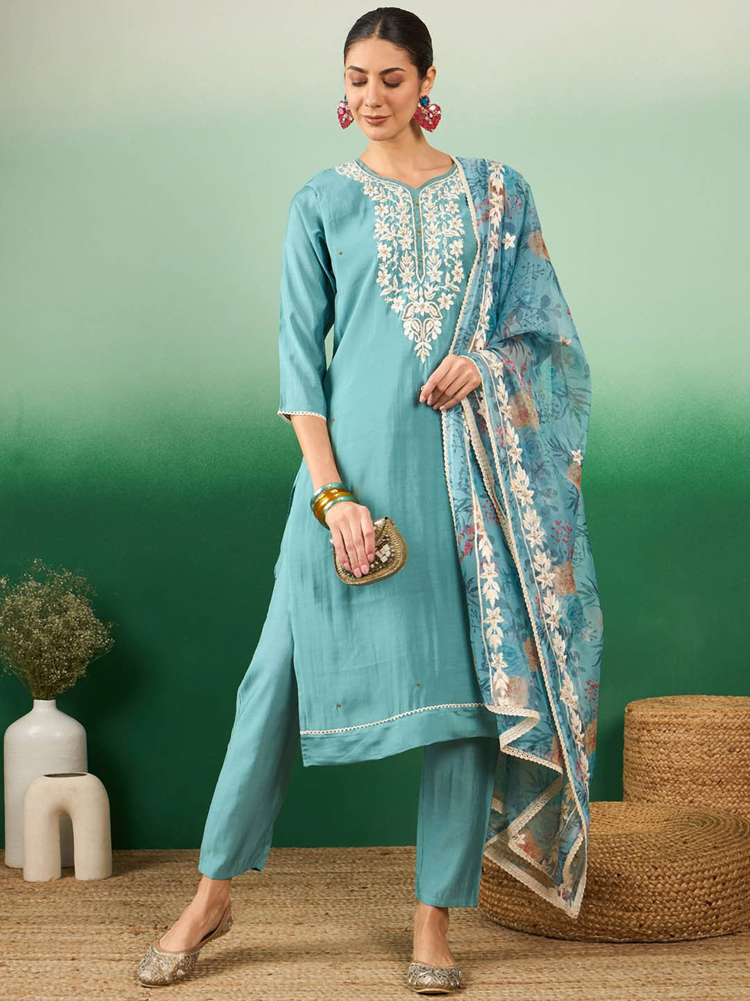 Sea Green Floral Embroidered Thread Work Straight Kurta With Trousers & Dupatta