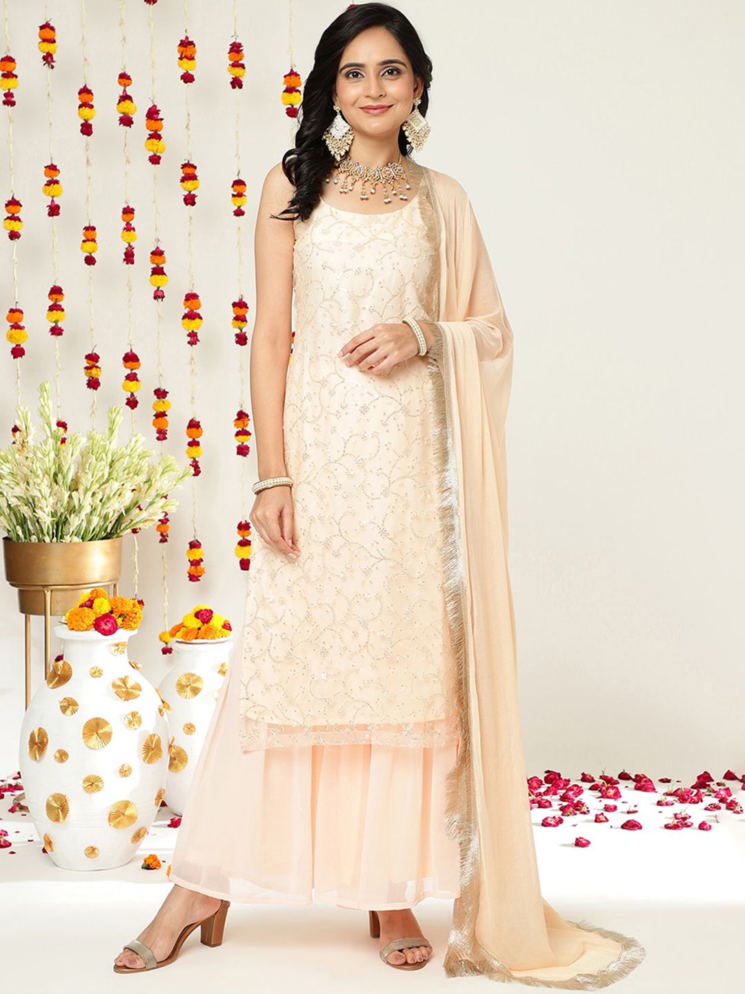 Dhiyona VA Floral Embroidered Sequinned Straight Kurta & Sharara With Dupatta