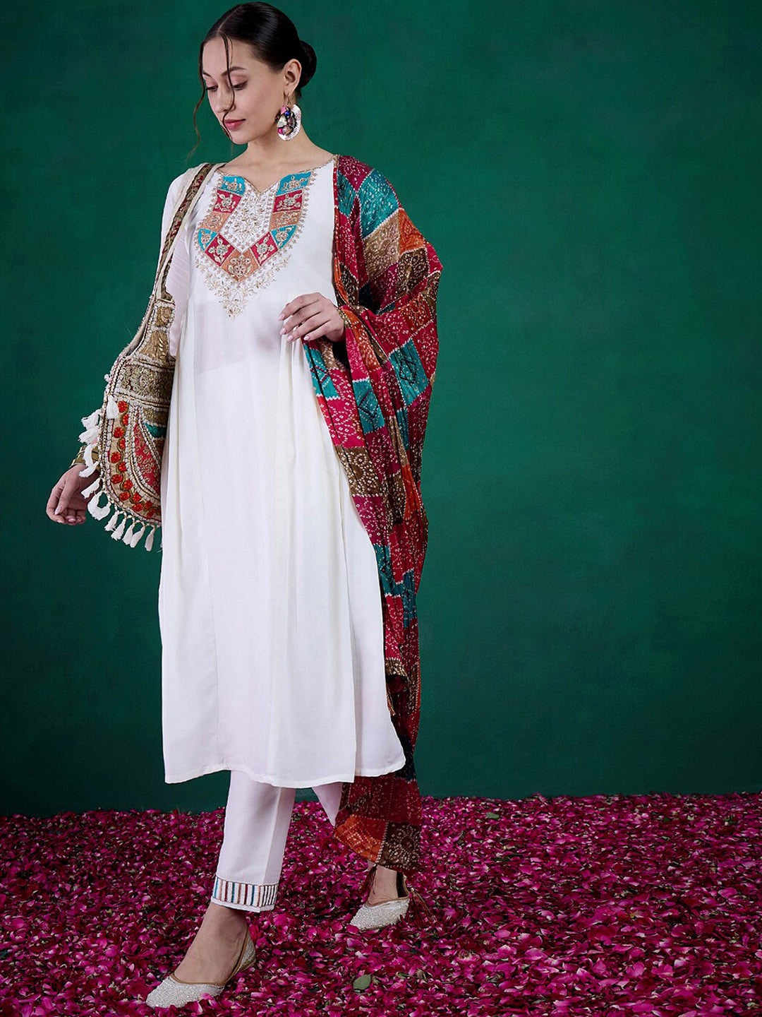 Floral Yoke Embroidered Straight Kurta & Trousers With Dupatta