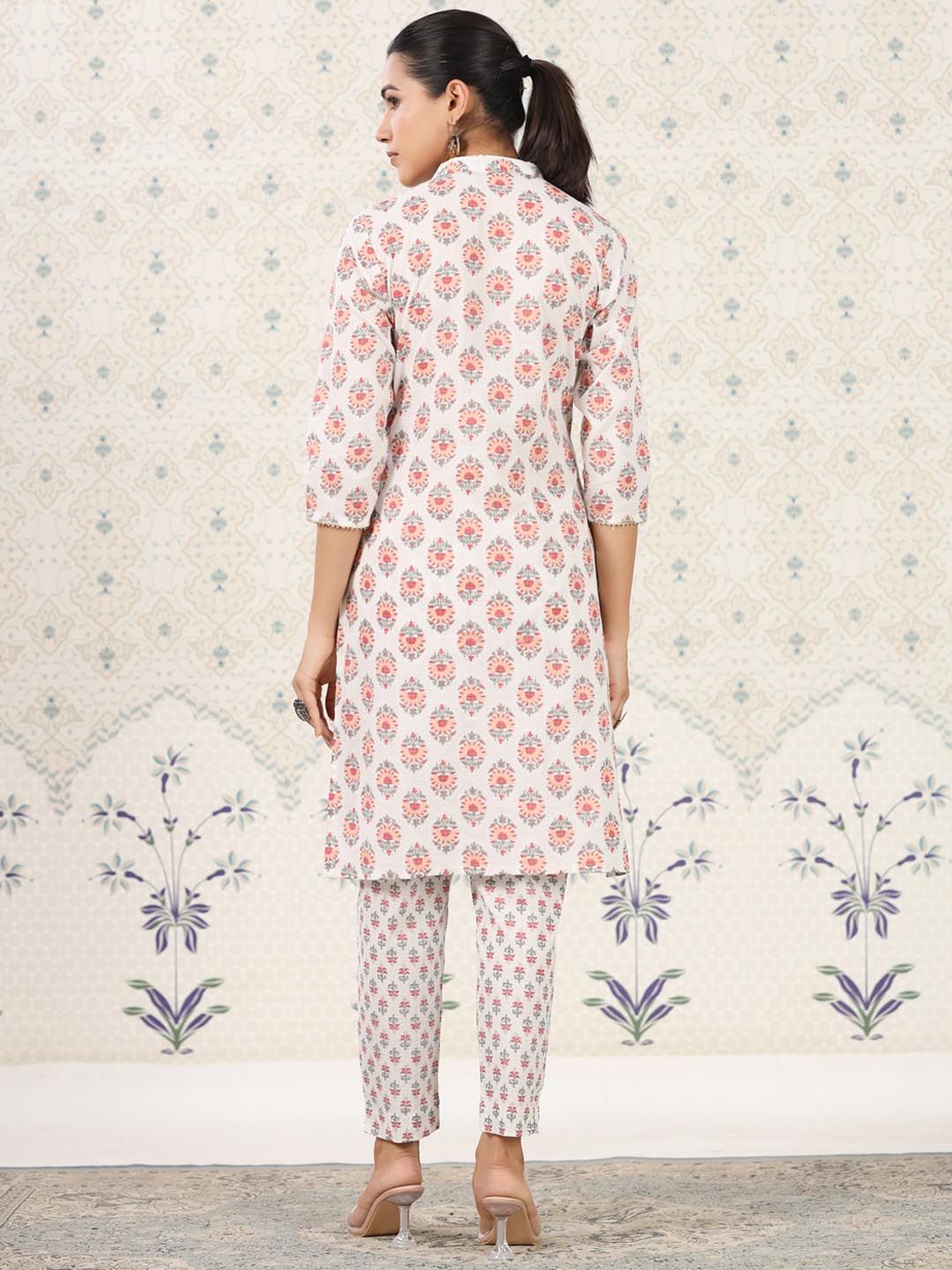 Dhiyona OD Ethnic Motifs Printed Band Collar Pure Cotton Kurta with Trousers
