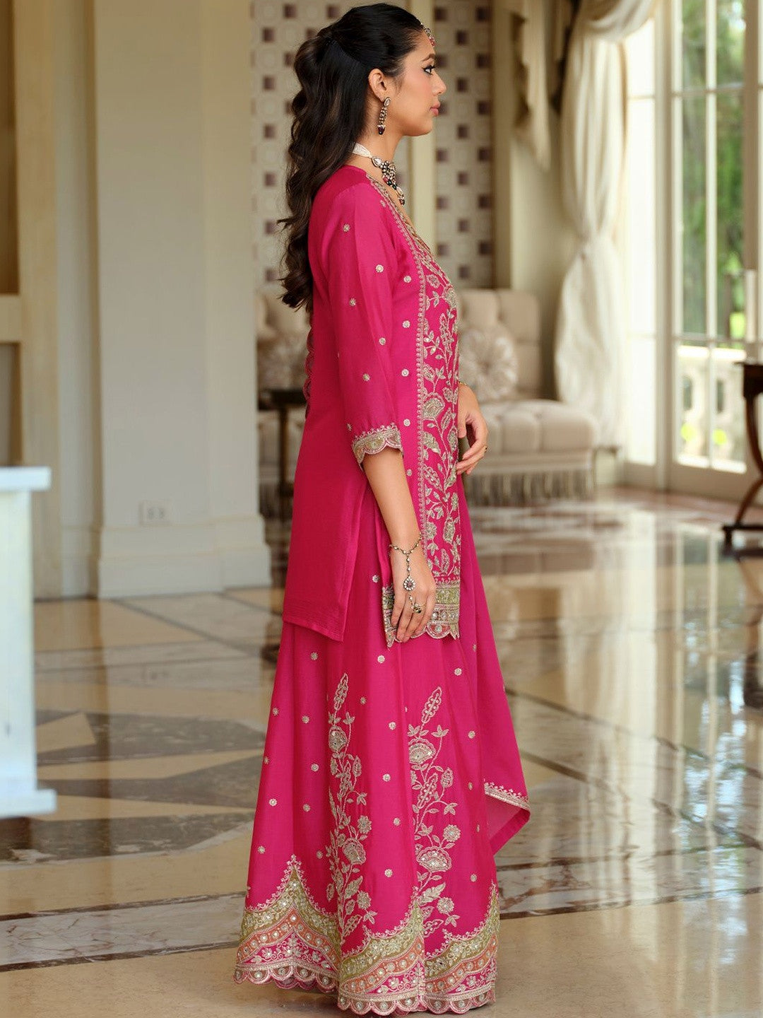 Women Ethnic Motifs Embroidered Round Neck Kurta with Sharara & Dupatta