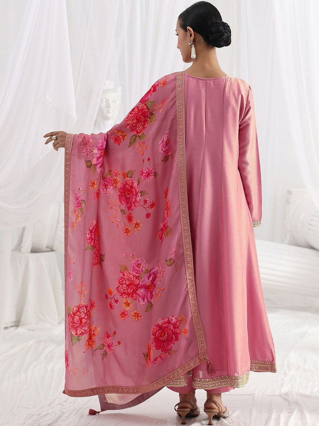Women Floral Panelled Thread Work Kurta with Trousers & With Dupatta