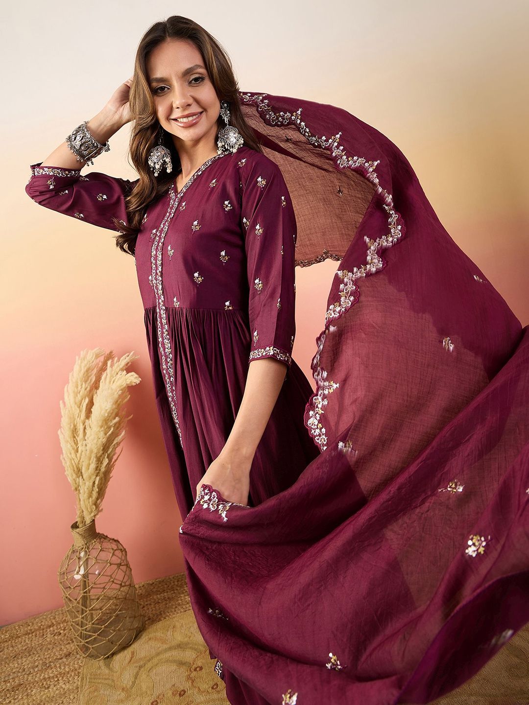 Dhiyona SN Embroidered Kurta With Palazzos & Dupatta