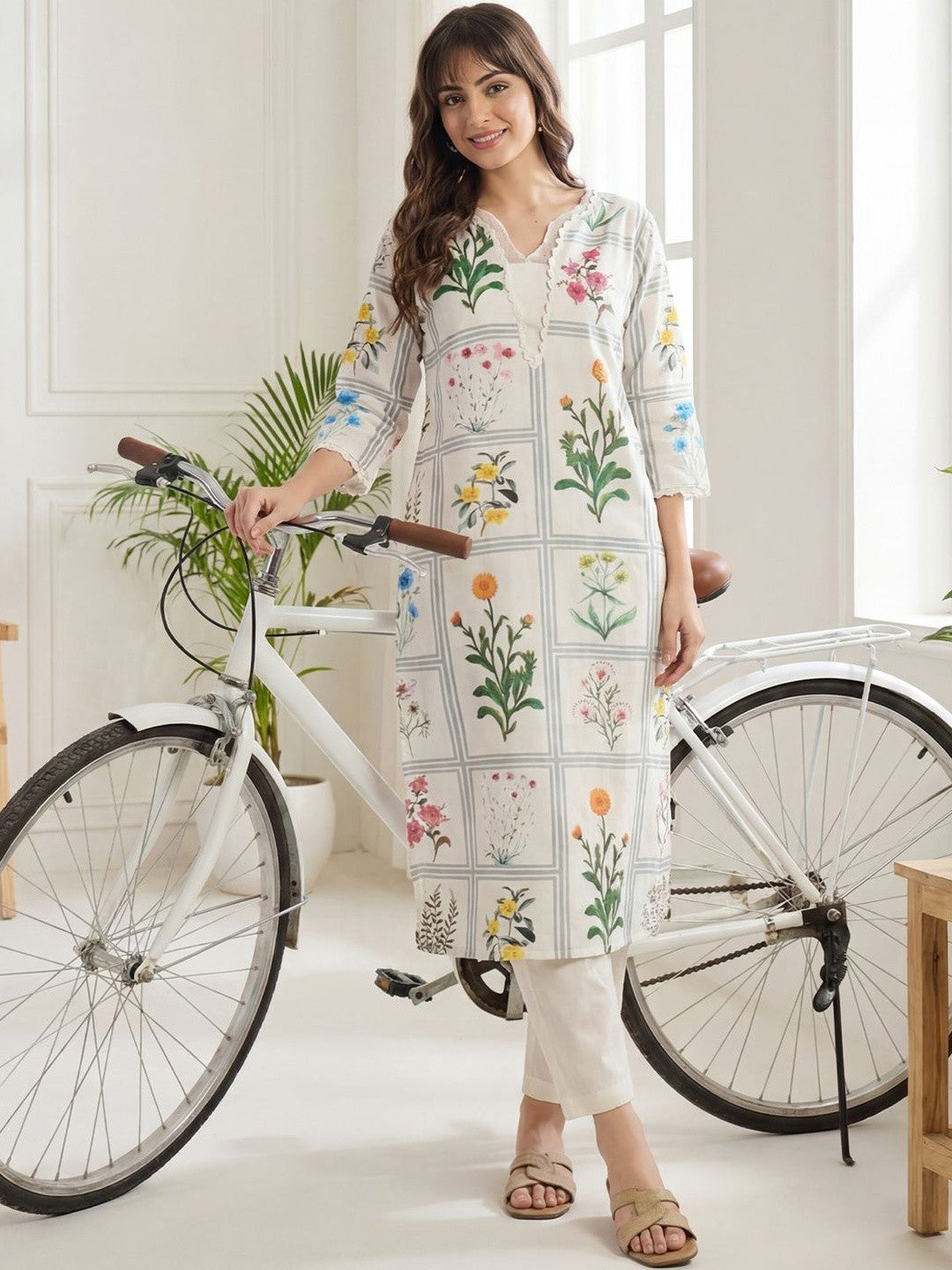Women Floral Printed Regular Thread Work Linen Kurta with Trousers