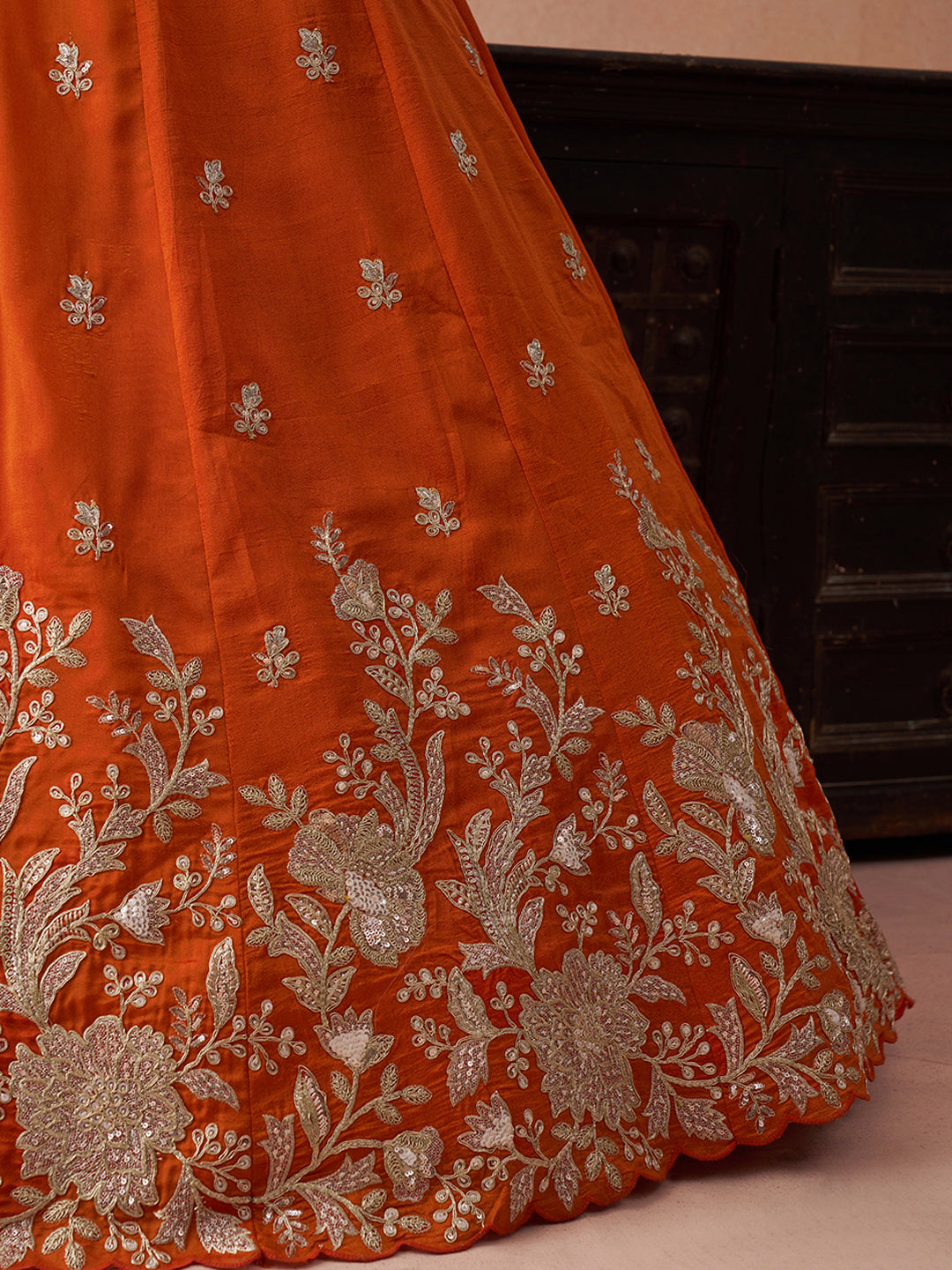 Orange- Tissue Sequinned with Zari Embroidered Semi-Stitched Lehenga & Unstitched Blouse With Dupatta