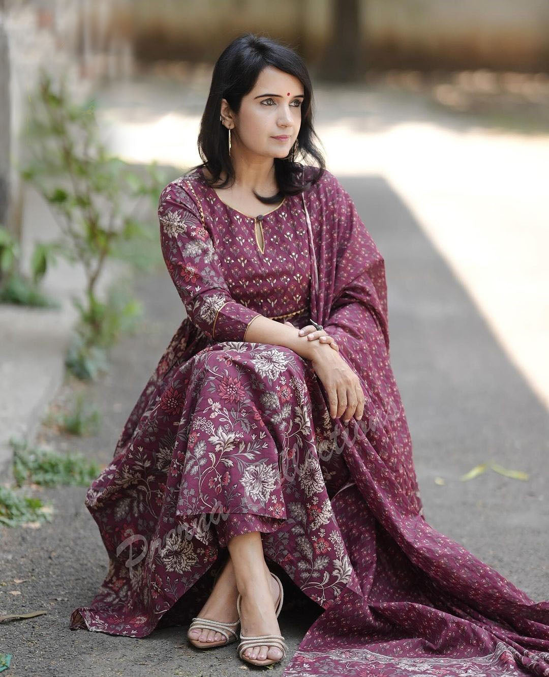 Women Maroon Anarkali Kurta And Pant Set With Dupatta