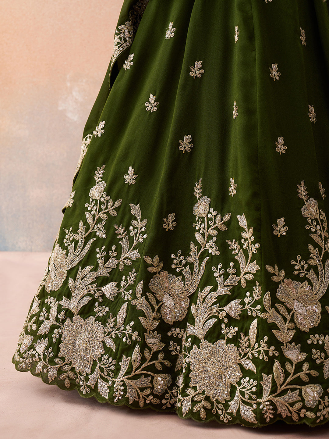 Olive- Tissue Sequinned with Zari Embroidered Semi-Stitched Lehenga & Unstitched Blouse With Dupatta