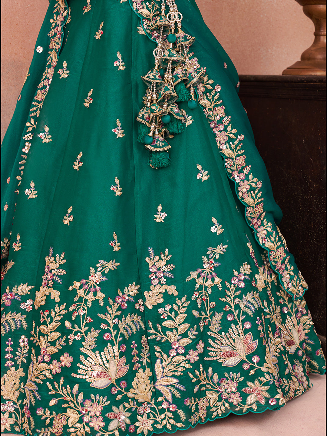 Green- Tissue Sequinned with Zari Embroidered Semi-Stitched Lehenga & Unstitched Blouse With Dupatta