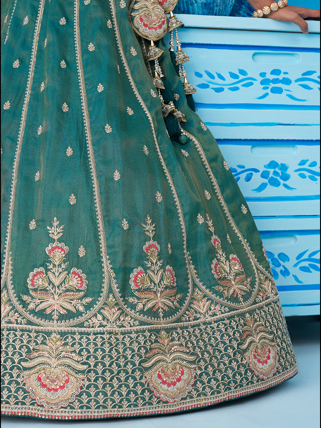 Teal- Tissue Beads & Sequins Embroidered Semi-Stitched Lehenga & Unstitched Blouse With Dupatta