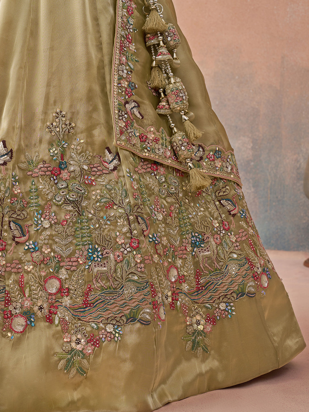 Beige- Tissue Sequinned with Zarkan Embroidered Semi-Stitched Lehenga & Unstitched Blouse With Dupatta