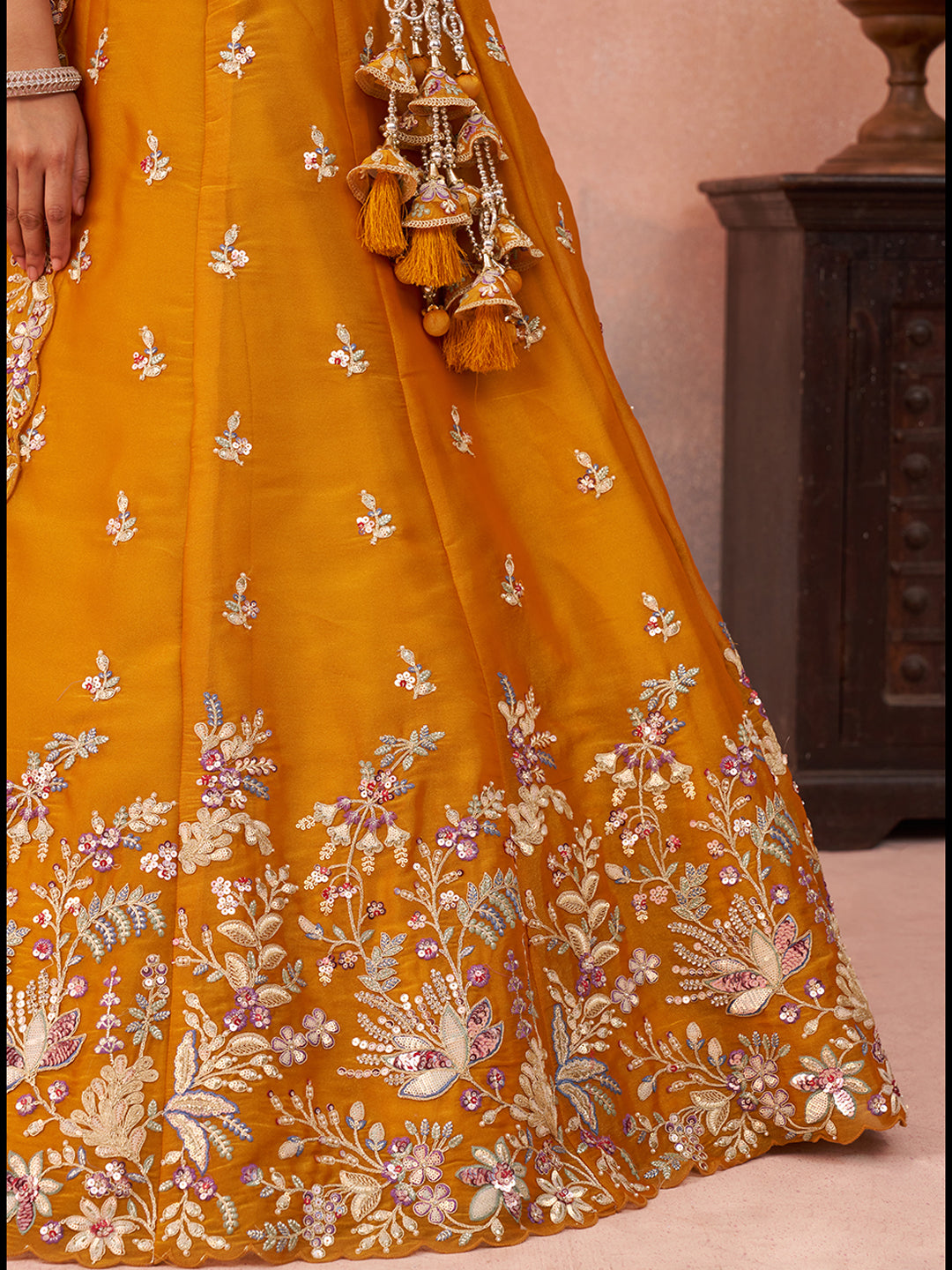 Mustard- Tissue Sequinned with Zari Embroidered Semi-Stitched Lehenga & Unstitched Blouse With Dupatta