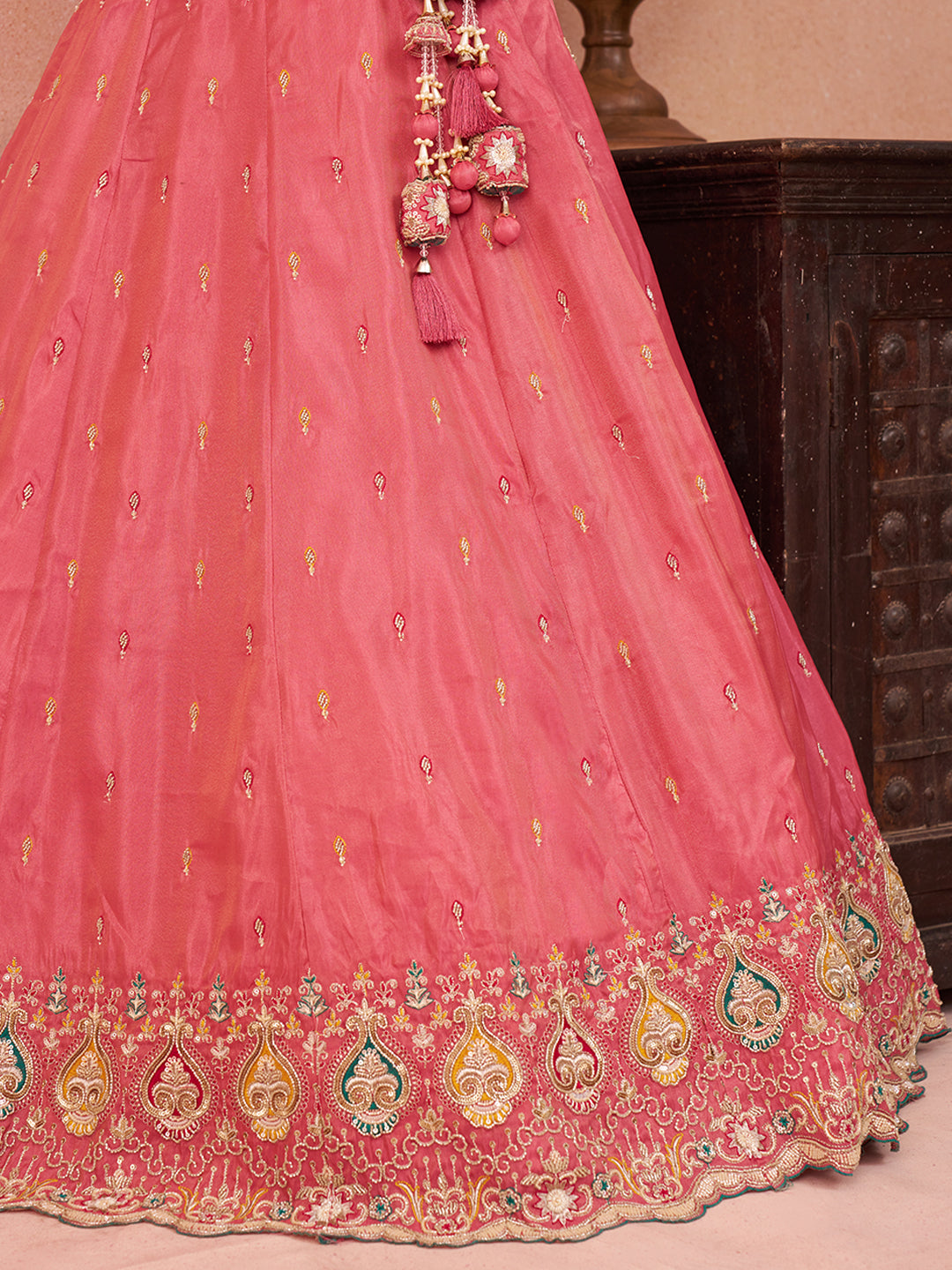 Pink- Cosmos Silk Beads & Sequins Embroidered Semi-Stitched Lehenga & Unstitched Blouse With Dupatta