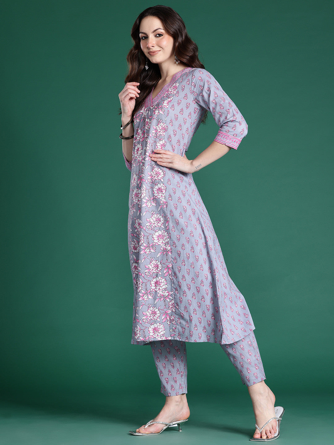 Floral Printed Pure Cotton Kurta with Trousers & Dupatta