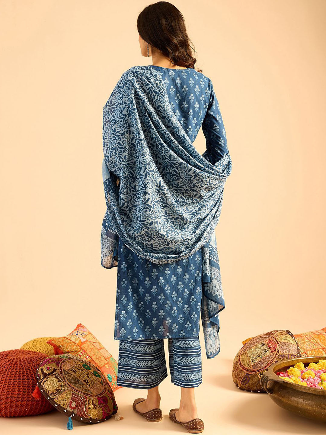Blue Floral Printed V-Neck Pure Cotton Straight Kurta with Palazzo & Dupatta