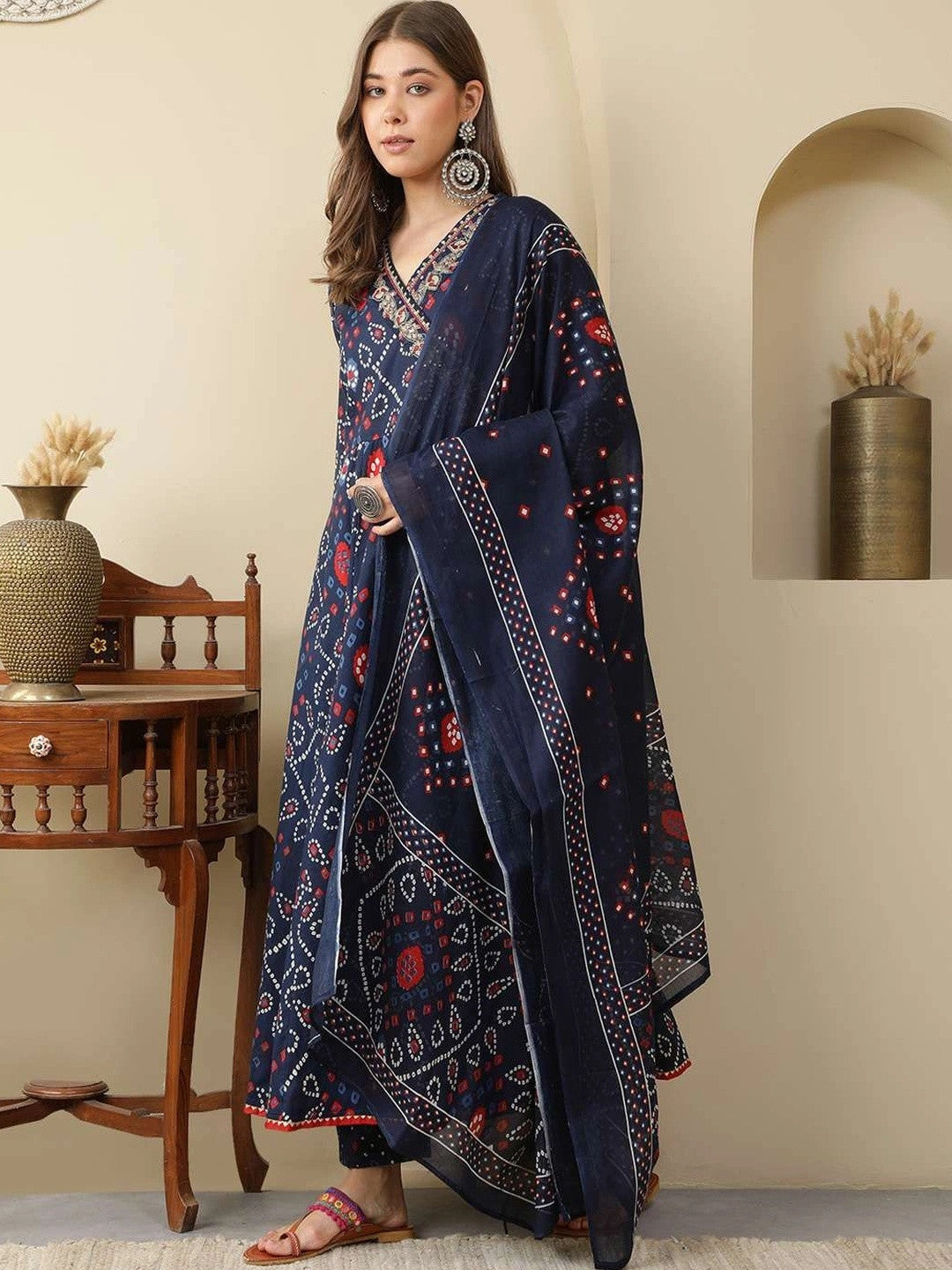 Women Printed Angrakha Thread Work Pure Cotton Kurta with Trousers & With Dupatta