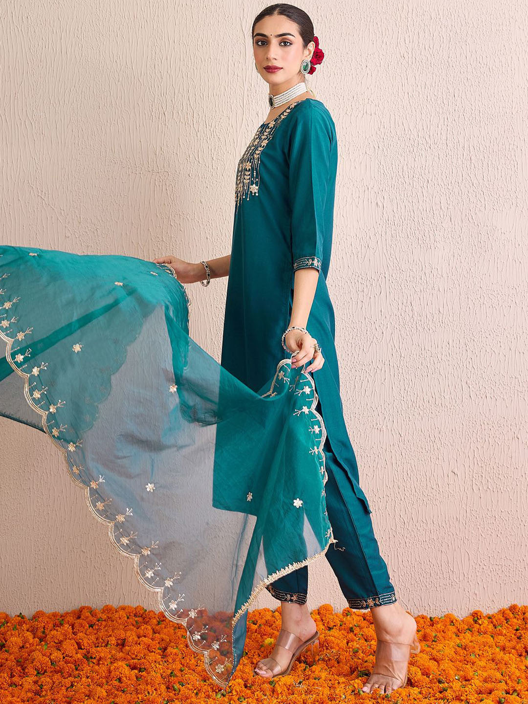 Women Floral Yoke Design Regular Gotta Patti Kurta with Trousers & With Dupatta