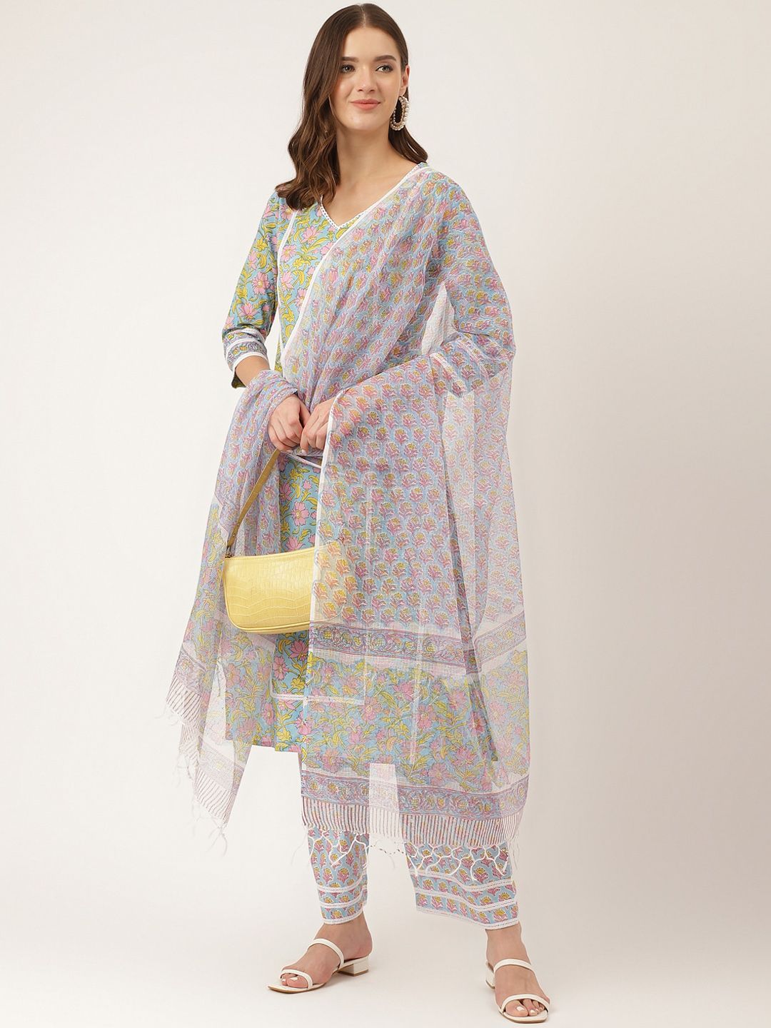 Dhiyona KL Floral Printed Pure Cotton Straight Kurta & Trousers With Dupatta