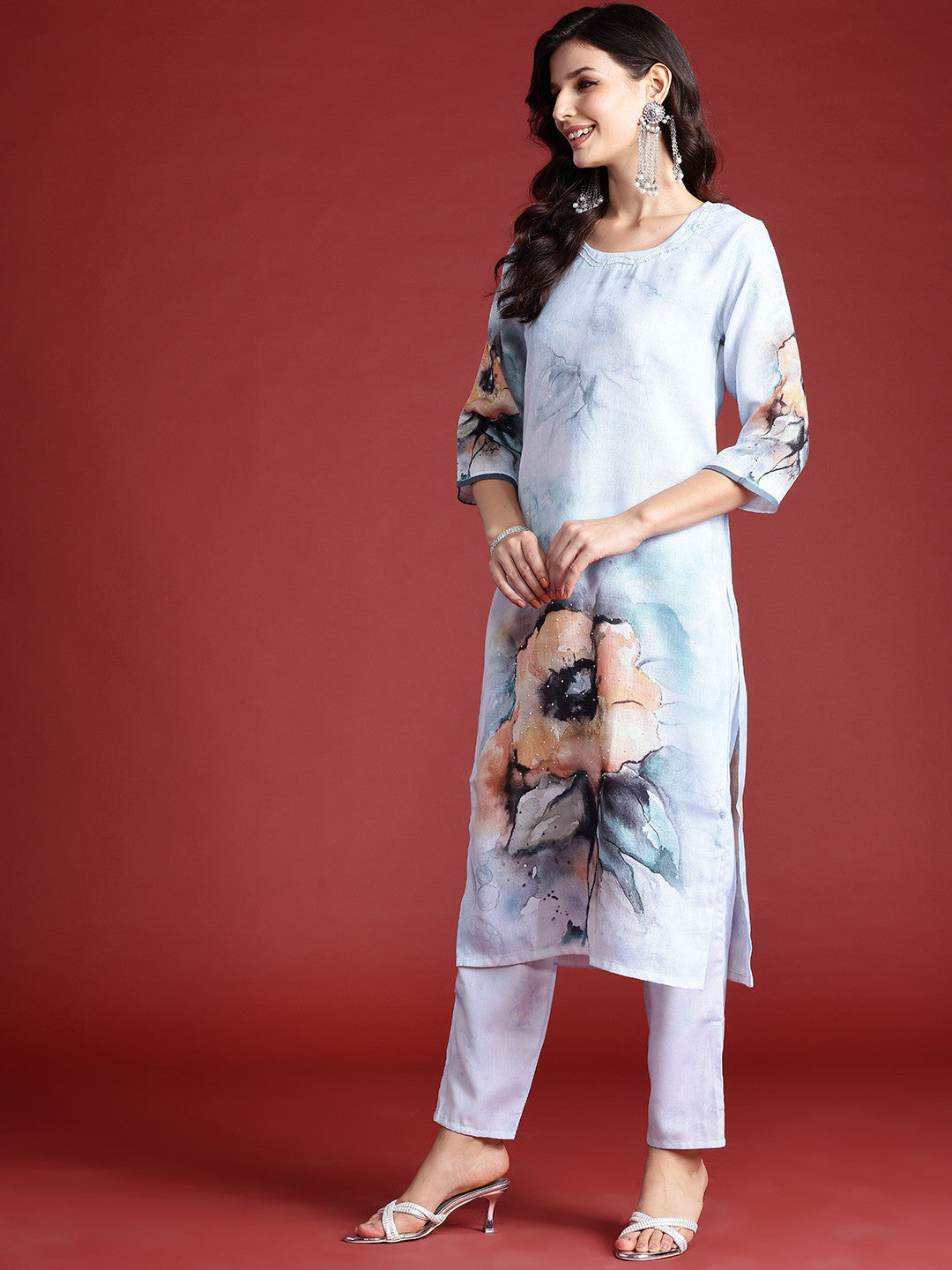 Floral Printed Beads & Stones Chanderi Silk Kurta With Trousers & Dupatta