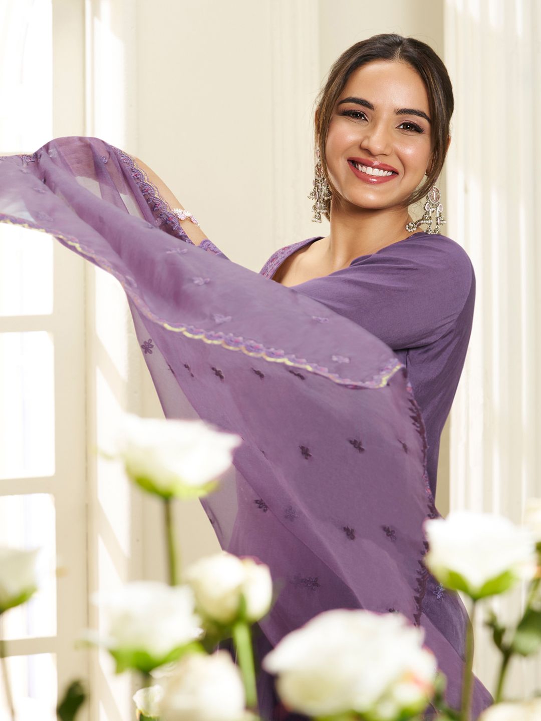 Dhiyona IN Floral Yoke Design Round Neck Sequinned Anarkali Kurta With Palazzos & Dupatta