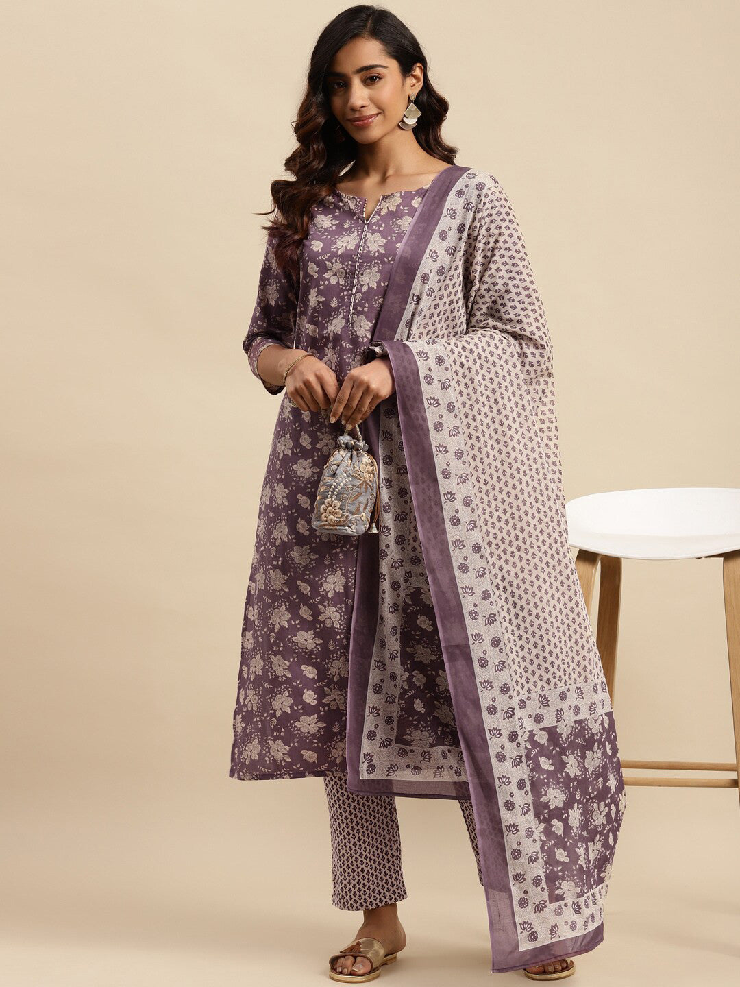 Maroon Floral Printed Pure Cotton Kurta With Trouser & Dupatta