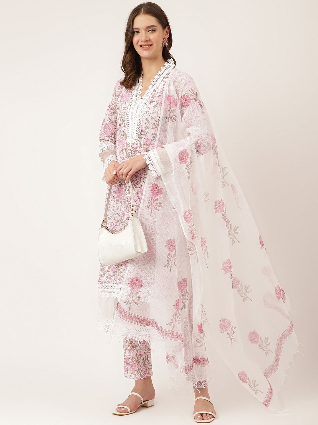 Dhiyona KL Floral Printed Laced Pure Cotton Kurta With Trouser & Dupatta