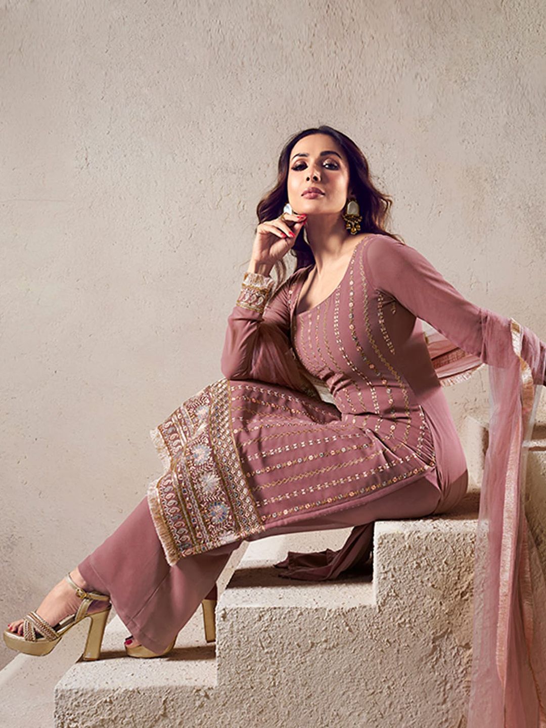 Dhiyona IN Ethnic Motifs Embroidered Regular Thread Work Kurta with Palazzos & Dupatta
