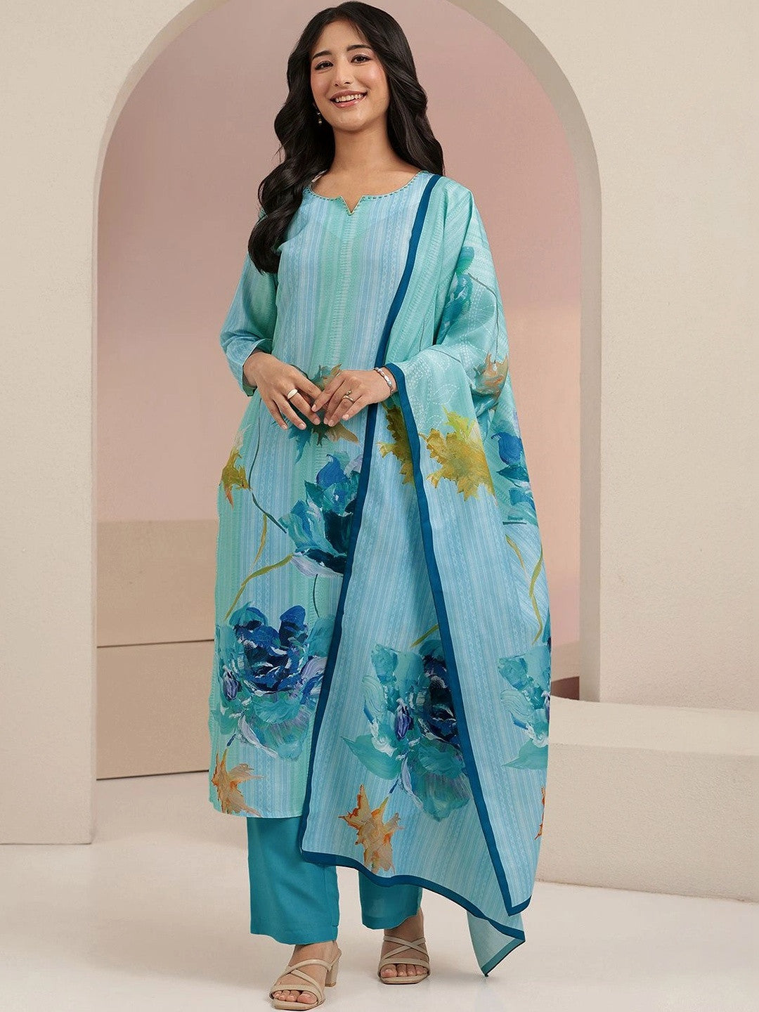 Sky Blue Floral Printed Muslin Straight Suit Set