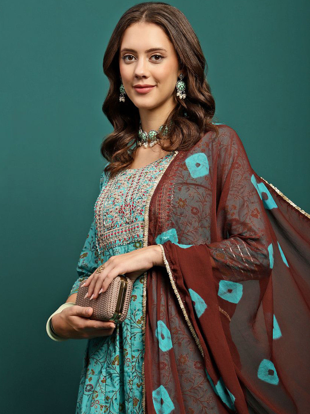 Turquoise Blue Floral Printed Pure Cotton Anarkali Kurta With Trouser & Dupatta