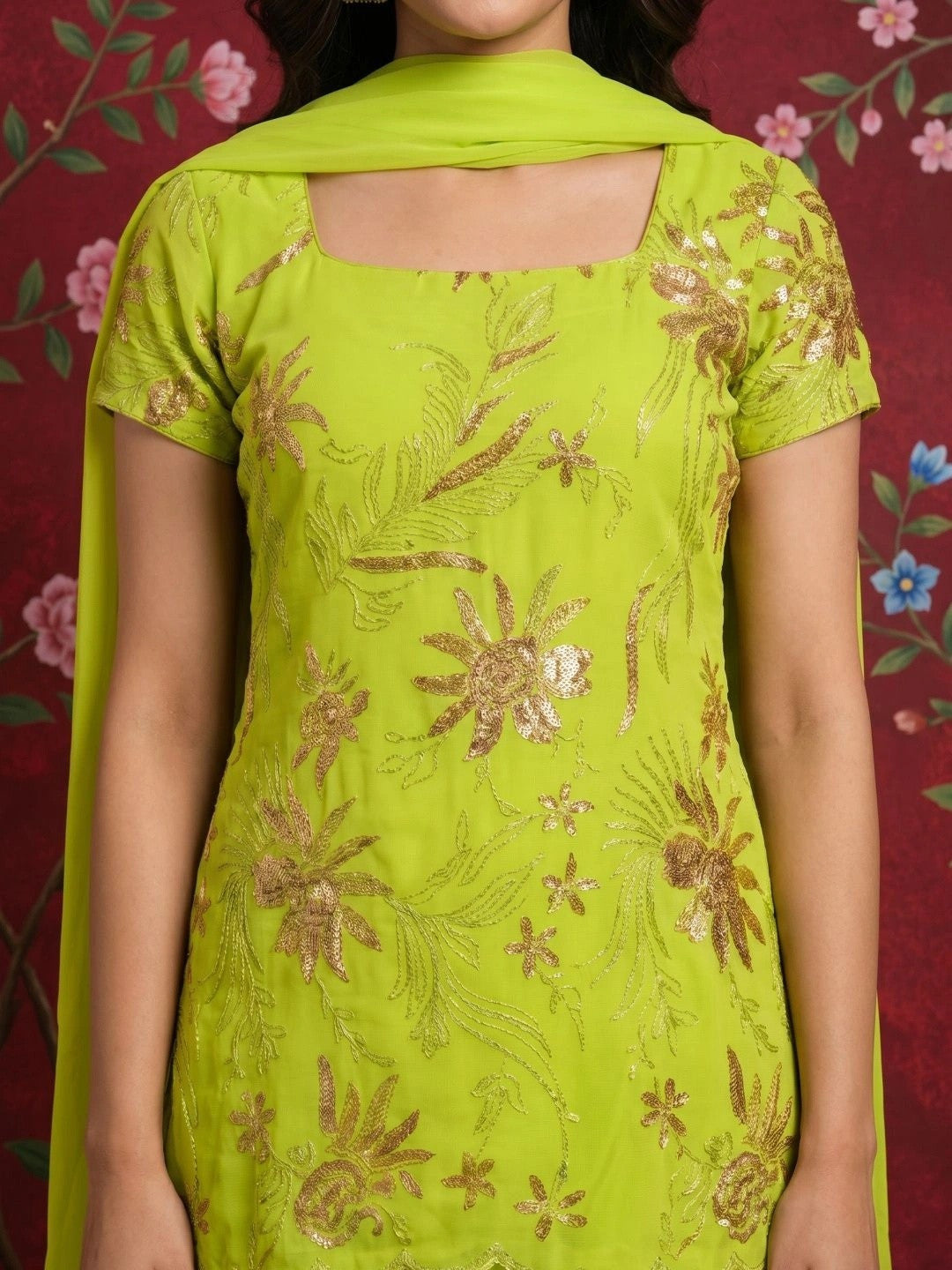 Women Floral Embroidered Regular Sequinned Kurta with Trousers & With Dupatta