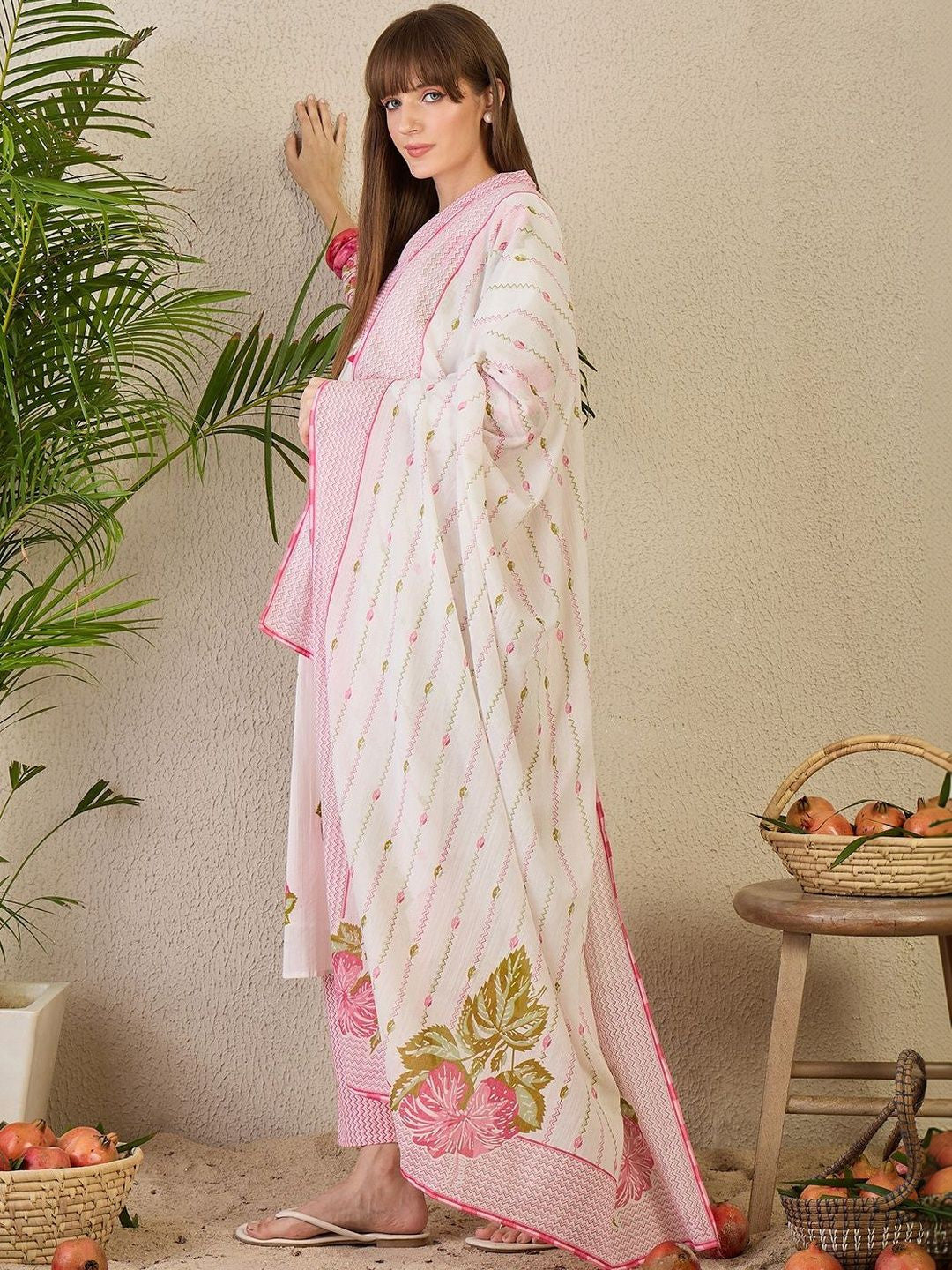 Floral Printed Pure Cotton Kurta With Trousers & Dupatta