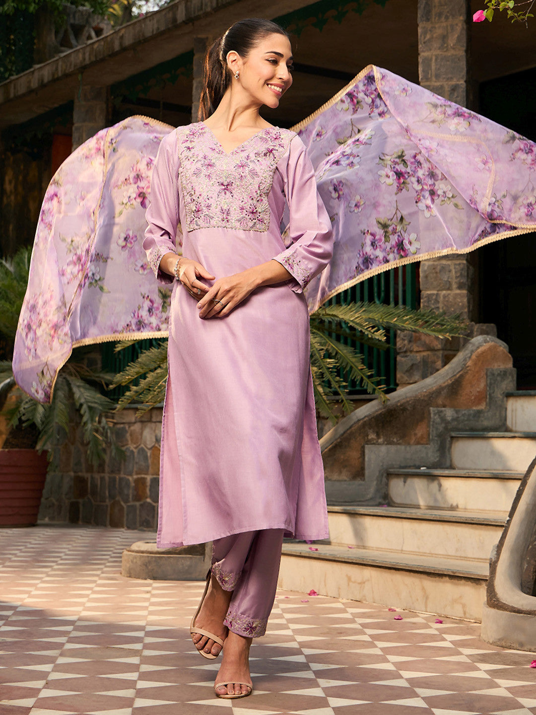 V Neck Ethnic Motifs Embroidered Regular Kurta with Trouser & Dupatta