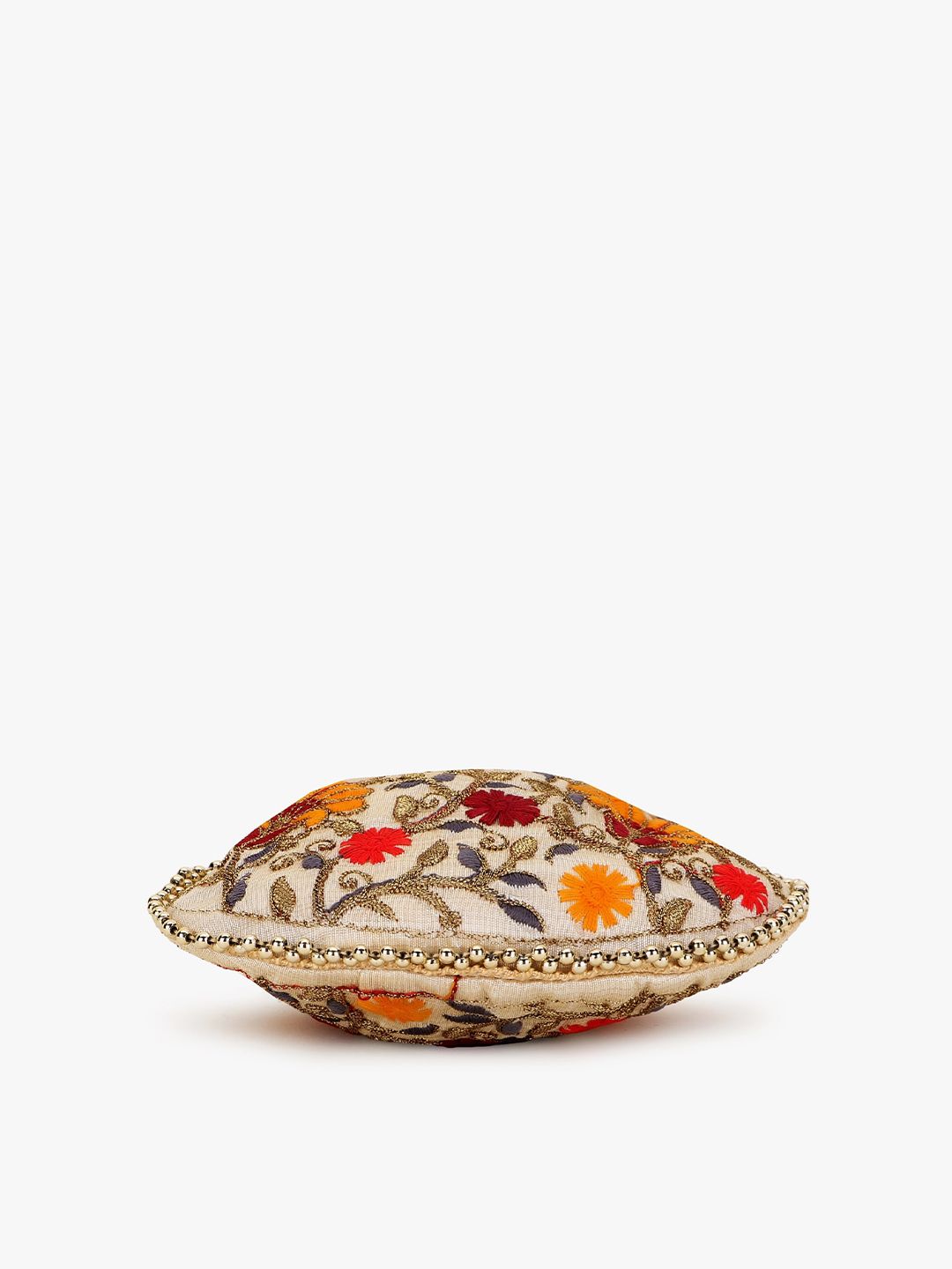 Dhiyona NR Girls Cream-Coloured & Red Floral Embroidered Tasselled Potli Clutch